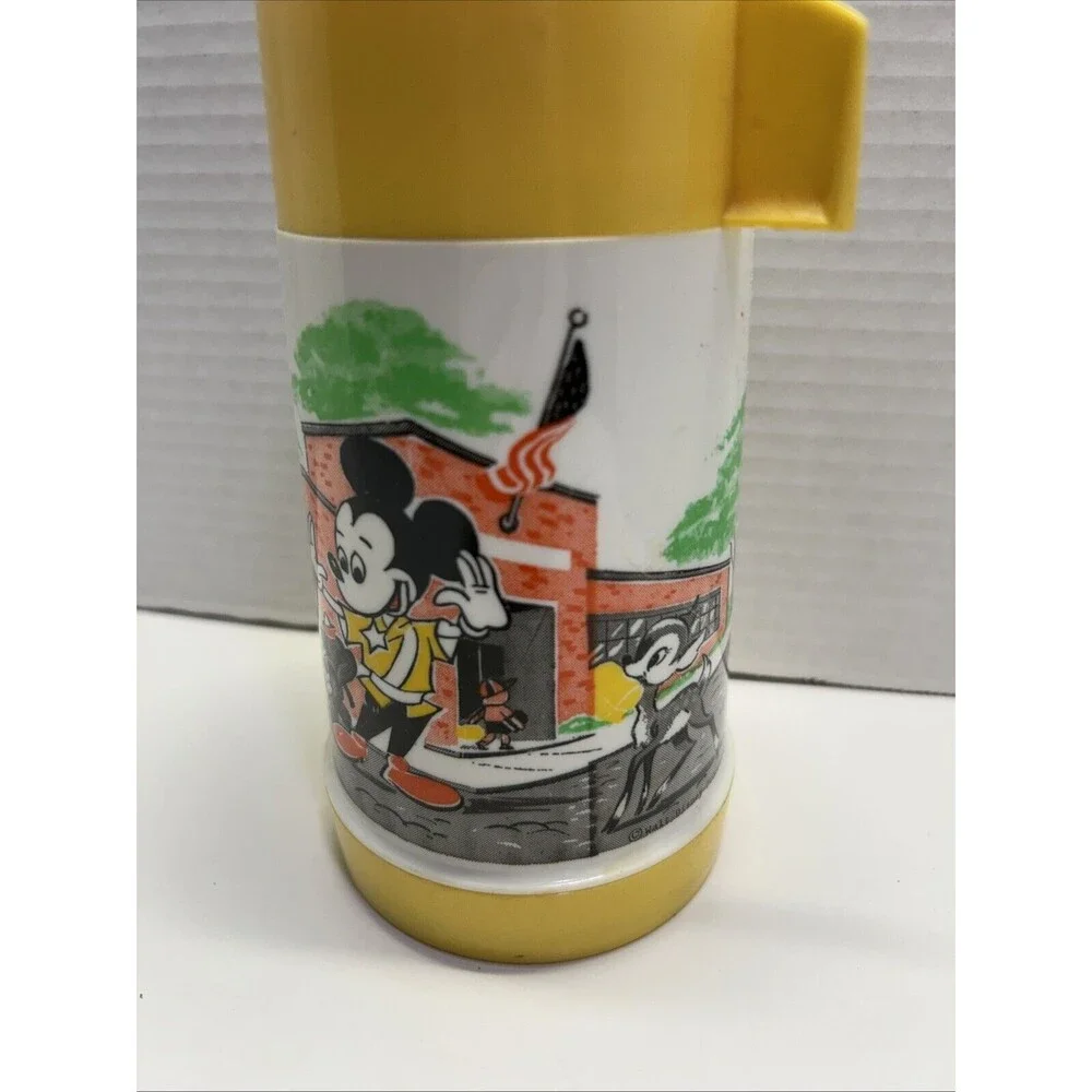 VTG Disney Mickey School Bus Yellow Thermos By Aladdin, Bottle, Lid/Cup  Stopper - Picture 2 of 9